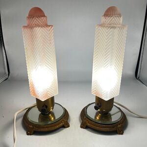 Pair Art Deco Boudoir Lamps Pink Frosted Glass Chevron Shades Gilt Mirror Base